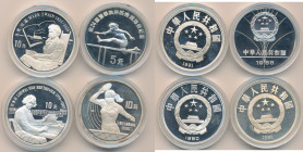 China - Volksrepublik: Lot 4 Münzen, dabei 5 Yuan 1988 Hürdenläufer (KM# 202), 10 Yuan 1990 Beethoven (KM# 307), 10 Yuan 1991 Tennis (KM# 299) und 10 ...