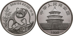China - Volksrepublik: 10 Yuan 1990, China Panda 1 OZ Silber. KM Y# 237, Variante large Date - Eins mit Unterstrich. In Münzdose, leichte Patina, Stem...