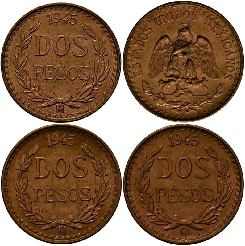 Mexiko: Dos Pesos 1945 (2 Pesos), KM# 461. Lot 3 Stück, je 1,67 g 900/1000 Gold....