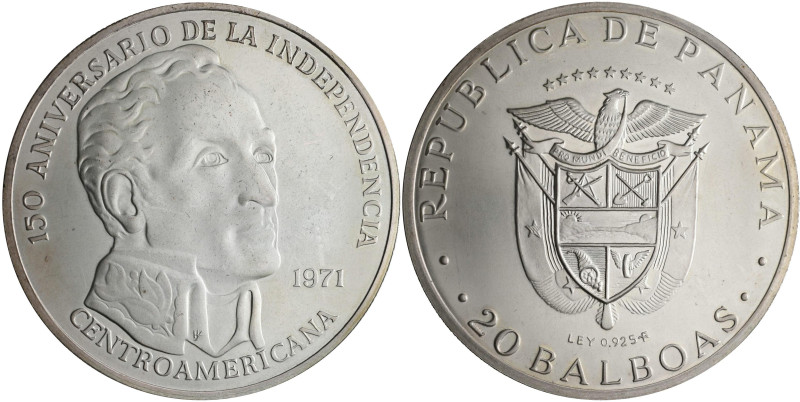 Panama: 20 Balboas 1971, Simon Bolivar, 150 Jahre Unabhängigkeit. 130,75 g, 925/...