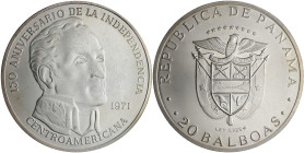 Panama: 20 Balboas 1971, Simon Bolivar, 150 Jahre Unabhängigkeit. 130,75 g, 925/1000 Silber. KM# 29. Patina, vorzüglich.
 [differenzbesteuert]
