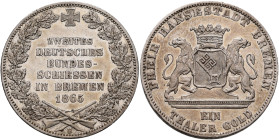 Bremen: Freie Hansestadt: Taler 1865 (Gedenktaler), auf das zweite deutsche Bundesschießen in Bremen. AKS 16, Jaeger 27, Thun 126, Davenport 628. Krat...