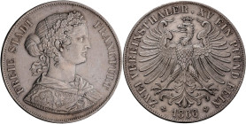 Frankfurt am Main: Freie Stadt: Doppelter Vereinstaler 1866 (Zwei Vereinsthaler), AKS 4, Jaeger 43. 37,01 g. Kleine Kratzer, sonst vorzüglich.
 [diff...