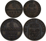 Preußen: Friedrich Wilhelm IV. 1840-1861: 4 Pfennige 1856 (AKS 89) plus 2 Pfennige 1853 (AKS 91). Zwei überdurchschnittlich erhaltene Münzen.
 [diffe...