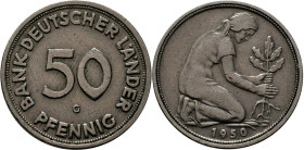 Bundesrepublik Deutschland 1948-2001: 50 Pfennig 1950 G, Bank Deutscher Länder, Jaeger 379. Sehr schön.
 [differenzbesteuert]