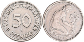 Bundesrepublik Deutschland 1948-2001: 50 Pfennig 1950 G, Bank Deutscher Länder, Jaeger 379. Sehr schön.
 [differenzbesteuert]