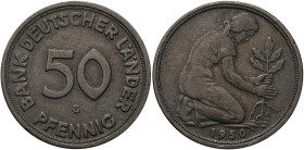 Bundesrepublik Deutschland 1948-2001: 50 Pfennig 1950 G, Bank Deutscher Länder, Jaeger 379. Sehr schön.
 [differenzbesteuert]