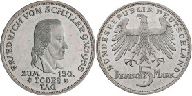 Bundesrepublik Deutschland 1948-2001: 5 DM 1955 F, Friedrich Schiller, Jaeger 389. Übliche kleine Kratzer im Feld, sonst vorzüglich.
 [differenzbeste...