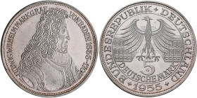 Bundesrepublik Deutschland 1948-2001: 5 DM 1955 G, Markgraf von Baden, Jaeger 390. Feine Kratzer, sonst vorzüglich.
 [differenzbesteuert]