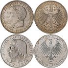 Bundesrepublik Deutschland 1948-2001: 5 DM 1957 J, Freiherr von Eichendorff, Jaeger 391. Kratzer, sehr schön - vorzüglich. Dabei noch 5 DM Fichte, Jae...