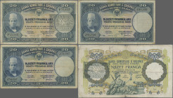 Albania: Banca Nazionale d'Albania and Banka e Shtetit Shqiptar, lot with 5 banknotes, series ND(1926, 1939 & 1945), comprising 2x 20 Franka Ari (P.3,...