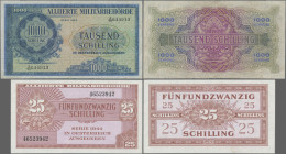 Austria: Alliierte Militärbehörde, Serie 1944, pair with 25 Schilling (P.108a, tiny dent upper left and right, slightly stained, XF/XF+) and 1.000 Sch...