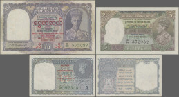 Burma: Government and Reserve Bank of India - MILITARY ADMINISTARTION OF BURMA, series ND(1945), 1 Rupee (P.25, XF/XF+, rusty spots), 5 Rupees (P.26b,...