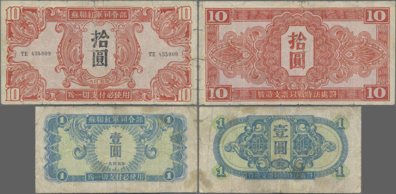 China: Soviet Military WW II, series 1945, pair with 1 Yuan (P.M31, F-) and 10 Y...
