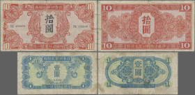 China: Soviet Military WW II, series 1945, pair with 1 Yuan (P.M31, F-) and 10 Yuan (P.M33, F/F-). (2 pcs.)
 [differenzbesteuert]