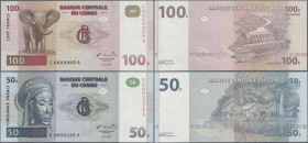 Congo: Congo Democratic Republic, pair with 50 and 100 Francs 1997, both printed in Belgium, P.89, 90 and both with very low serial number K0000225A f...