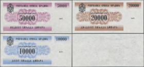 Croatia: Republika Srpska Krajina, set with 10.000, 20.000 and 50.000 Dinara ND(1991) unissued series, P.RA1-RA3 in UNC condition. (3 pcs.)
 [differe...