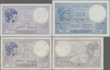 France: Banque de France, set with 6 banknotes, series 1917-1933, with 3x 5 Francs 1921, 1925 and 1933 (P.72b,c,e, F to XF), 10 Francs 1917 (P.73a, XF...
