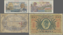 French Guiana: Banque de la Guyane and Caisse Centrale de la France d'Outre-Mer - GUYANE, lot with 3 banknotes, including 5 Francs L.1901 (1922-47) (P...