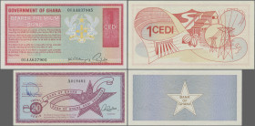 Ghana: Bank of Ghana, pair with 1 Cedi 1976 Bearer Premium Bond (P.NL, UNC) and 20 Cedis ND(~1980) (P.FX1, VF+/XF). (2 pcs.)
 [differenzbesteuert]