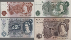 Great Britain: Bank of England, very nice set with 8 banknotes, series ND(1960-77), with 10 Shillings with signature J. Q. Hollom (P.373b, UNC), 2x 10...