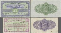 Guernsey: The States of Guernsey, pair with 10 Shillings 1966 (P.42c, F) and 1 Pound 1957 (P.43a, VF+/XF). (2 pcs.)
 [differenzbesteuert]