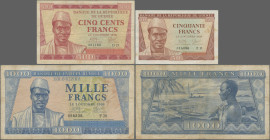 Guinea: Banque de la République de Guinée, series 1958, set with 50 Francs (P.6, VF/VF+, some stains), 500 Francs (P.8, F/F+) and 1.000 Francs (P.9, F...
