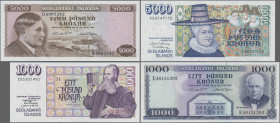 Iceland: Central Bank of Iceland, lot with 4 banknotes, comprising 1.000 and 5.000 Kronur L.1961 (P.46a, 47a, UNC) and 1.000 and 5.000 Kronur L.1961 (...