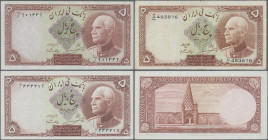 Iran: Bank Melli Iran, set with 3x 5 Rials SH1316, 1317 (1937, 1938), P.32a (F/F- margin split), P.32Aa (VF) and P.32Ae (aUNC/UNC). (3 pcs.)
 [differ...