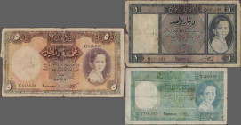 Iraq: Government and National Bank of Iraq, very nice and high valuable lot with 11 banknotes King Faisal II, unfortunately all in well worn condition...
