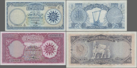 Iraq: Central Bank of Iraq, lot with 3 banknotes, 1, 5 and 10 Dinars 1959, P.53 (VF), P.54 (XF/XF+) and P.55 (XF+/aUNC). (3 pcs.)
 [differenzbesteuer...