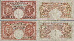 Jamaica: Government of Jamaica, pair with 5 Shillings 15th June 1950 (P.37a, F) and 5 Shillings 1st March 1953 (P.37b, F/F-). (2 pcs.)
 [differenzbes...