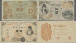 Japan: Bank of Japan, pair with 1 Silver Yen ND(1916) (P.30a, XF) and 10 Gold Yen ND(1915) (P.36, VF/VF+). (2 pcs.)
 [differenzbesteuert]