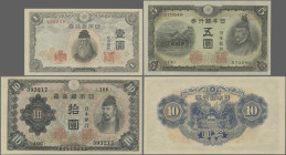 Japan: Bank of Japan, lot with 7 banknotes, series ND(1943-45), with 1, 5 and 10 Yen (P.49, 50, 51, XF, aUNC), 10 Sen, 1, 5 and 10 Yen (P.53-56, F to ...