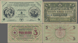 Latvia: Latwijas Walsts Kases, Riga's Workers Deputies' Soviet and Ostland Spinnstoffwaren, lot with 3 banknotes and Notgeld, comprising 1 Rublis 1919...