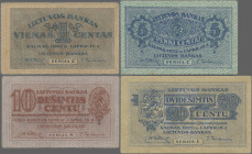 Lithuania: Lietuvos Bankas, set with 4 banknotes, series 1922, with 1 Centas (P.7, F/F-, margin split), 5 Centai (P.9, XF/XF+), 10 Centu (P.10, XF/XF+...