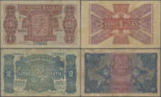 Lithuania: Lietuvos Bankas, series 1924, with 1 Litas (P.13, VF/VF+, small stains) and 2 Litu (P.14, F/F-, small tears). (2 pcs.)
 [differenzbesteuer...