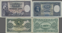 Lithuania: Lietuvos Bankas, series 1927/28, set with 10 Litu (P.23, VF/VF+, rusty spots), 50 Litu (P.24XF/XF+) and 100 Litu (P.25, VF+, tiny spots). (...