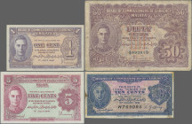 Malaya: Board of Commissioners of Currency – MALAYA, lot with 7 banknotes, with 10 Cents 1940 (P.2, F, pinholes, stains), 1 Cent 1945 (P.6, VF+/XF), 2...