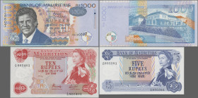 Mauritius: Bank of Mauritius, lot with 3 banknotes, series ND(1967) and 1999, with 5 and 10 Rupees ND(1967) (P.30b, 31c, UNC, aUNC) and 1.000 Rupees 1...