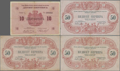 Montenegro: Kingdom of Montenegro – Royal Government, set with 10 Perpera 1914 (P.10, F/F-) and 3x 50 Perpera 1914 (P.20, F/F+). (4 pcs.)
 [differenz...