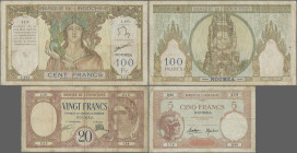 New Caledonia: Banque de l'Indochine – NOUMEA, lot with 5 Francs ND(1926) (P.36, F, tiny tear), 20 Francs ND(1929) (P.37a, F/F-, pinholes) and 100 Fra...