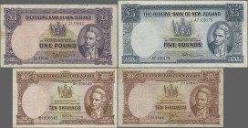 New Zealand: The Reserve Bank of New Zealand, lot with 4 banknotes, series ND(1940-59), with 2x 10 Shillings (P.158a,d, F, F+), 1 Pound (P.159a, F) an...