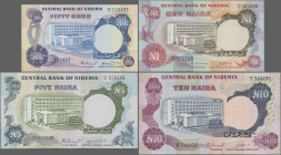 Nigeria: Central Bank of Nigeria, lot with 8 banknotes, 1973-1978 series, comprising 3x 50 Kobo (P.14a,d,f, VF, UNC), 2x 1 Naira (P.15b,d, UNC), 2x 5 ...