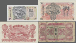 North Korea: Russian Army Headquarters and North Korea Central Bank, lot with 9 banknotes, 1945 and 1947 series, with 100 Won (P.4b, VG, taped tears),...