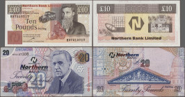 Northern Ireland: Northern Bank Limited, lot with 6 banknotes, series 1971-2005, with 1 Pound 1978 (P.187b, UNC), 10 Pounds 1971 (P.189b, F-, graffiti...