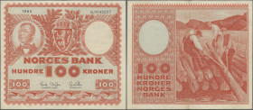 Norway: Norges Bank, 100 Kroner 1960, P.33c, slightly toned paper with a few folds and creases, Condition: VF.
 [differenzbesteuert]