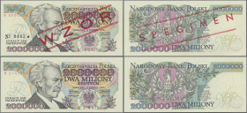 Poland: Narodowy Bank Polski, pair with 2 Million Zlotych 1992 and 2 Million Zlotych 1992 SPECIMEN, P.158b, 158s, both in UNC condition. (2 pcs.)
 [d...