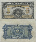 Portugal: Banco de Portugal 5 Escudos 1925, P.133, slightly toned paper, some small rusty spots, some folds and creases, probably cleaned, Condition: ...
