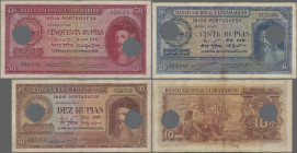 Portuguese India: Banco Nacional Ultramarino – INDIA PORTUGUESA, set with 10, 20 and 50 Rupias 1945, all with large cancellation holes, P.36-38 in F/F...